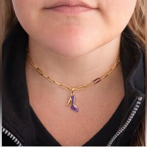 Stainless Steel Gold-Tone Paperclip Necklace w/ Purple High Heel Charm
